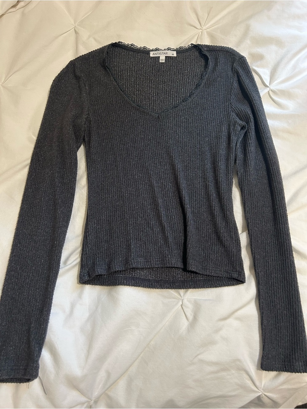 Women's Charcoal Ribbed V-Neck Long Sleeve Top